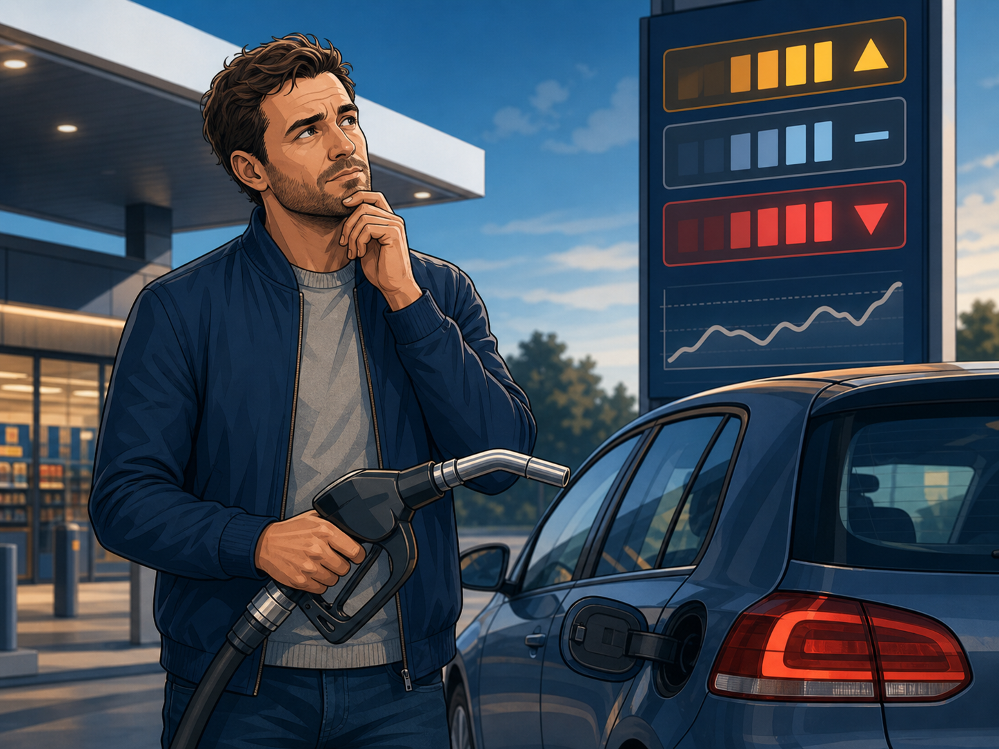 Driver considering whether to refuel beside a petrol pump
